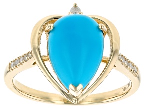 Sleeping Beauty Turquoise With White Diamond 10k Yellow Gold Ring 0.06ctw