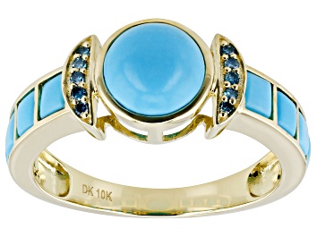 Picture of Blue Sleeping Beauty Turquoise With Blue Diamond 10k Yellow Gold Ring 0.04ctw