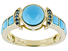 Blue Sleeping Beauty Turquoise With Blue Diamond 10k Yellow Gold Ring 0.04ctw