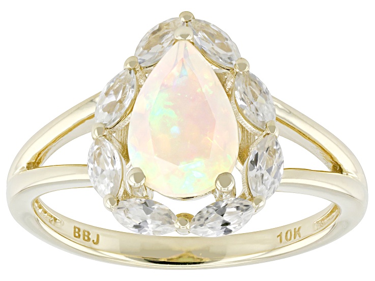 Ethiopian Opal And White Zircon 10k Yellow Gold Ring 1.48ctw
