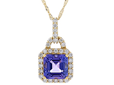 Blue Tanzanite With White Diamond 18k Yellow Gold Pendant With Chain 2.67ctw