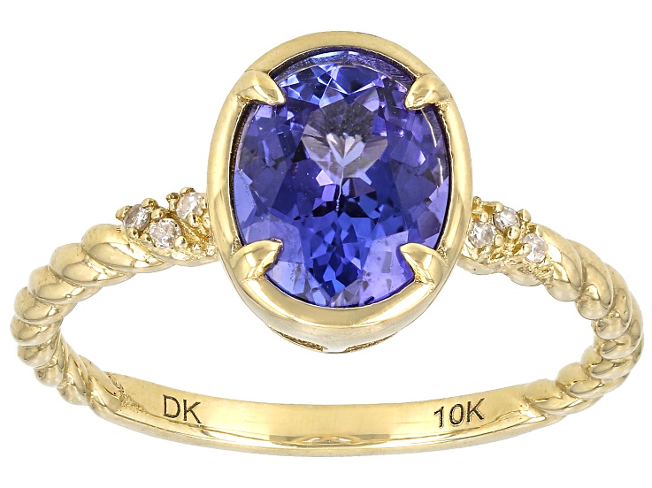 Blue Tanzanite With White Diamond 10k Yellow Gold Ring 1.74