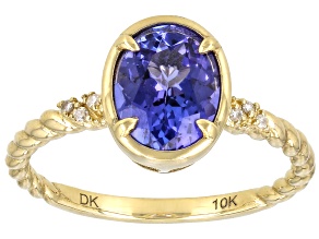 Blue Tanzanite With White Diamond 10k Yellow Gold Ring 1.74ctw