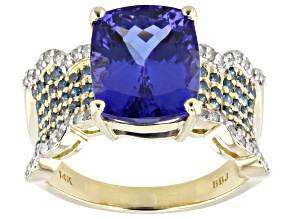 Blue Tanzanite With White Diamond And Blue Diamond 14k Yellow Gold Ring 4.56ctw