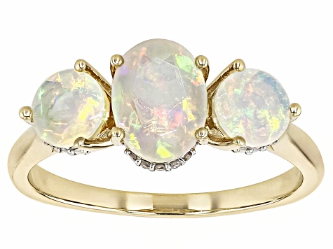 Ethiopian Opal With White Diamond 10k Yellow Gold Ring 1.21ctw