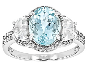 Aquamarine With White Zircon And White Diamond Rhodium Over 14k White Gold Ring 3.39ctw