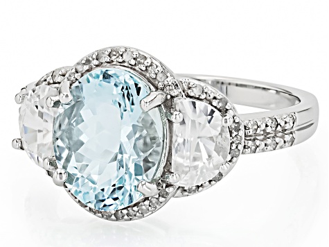 Aquamarine With White Zircon And White Diamond Rhodium Over 14k White Gold Ring 3.39ctw