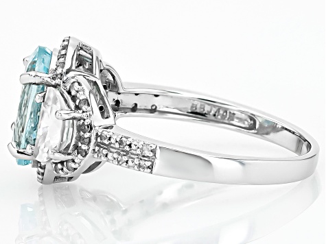 Aquamarine With White Zircon And White Diamond Rhodium Over 14k White Gold Ring 3.39ctw