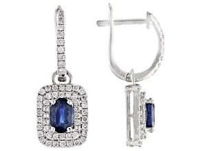 Blue Sapphire With White Diamond Rhodium Over 14k White Gold Earrings 1.51ctw