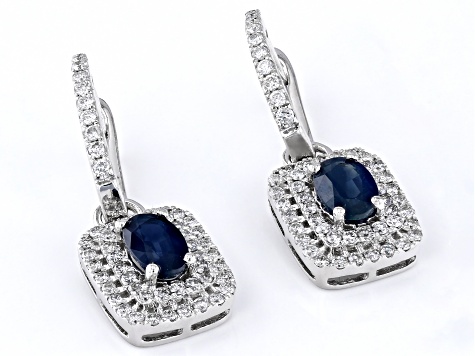 Blue Sapphire With White Diamond Rhodium Over 14k White Gold Earrings 1.51ctw