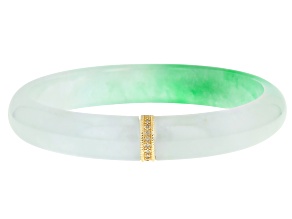 Green Jadeite With White Diamond 10k Yellow Gold Bangle Bracelet 0.09ctw