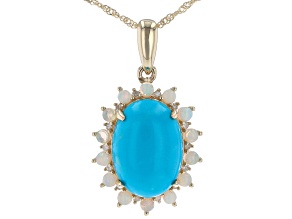 Sleeping Beauty Turquoise With Ethiopian Opal, White Diamond 10k Yellow Gold Pendant & Chain 0.06ctw