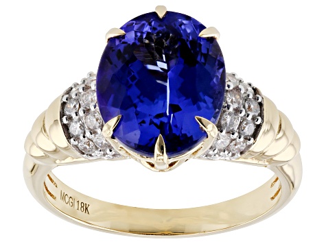 Blue Tanzanite With White Diamond 18k Yellow Gold Ring 3.75ctw