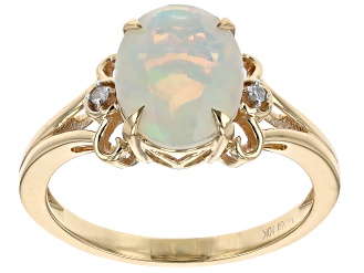 White Ethiopian Opal With White Diamond 10k Yellow Gold Ring 1.39ctw