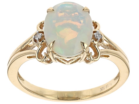 White Ethiopian Opal With White Diamond 10k Yellow Gold Ring 1.39ctw