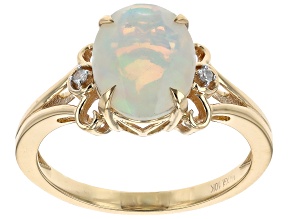 White Ethiopian Opal With White Diamond 10k Yellow Gold Ring 1.39ctw