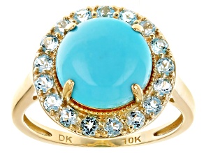 Blue Sleeping Beauty Turquoise With Swiss Blue Topaz 10k Yellow Gold Ring 0.51ctw