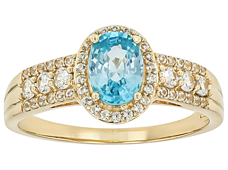 Blue Zircon With White Zircon 10k Yellow Gold Ring 1.64ctw