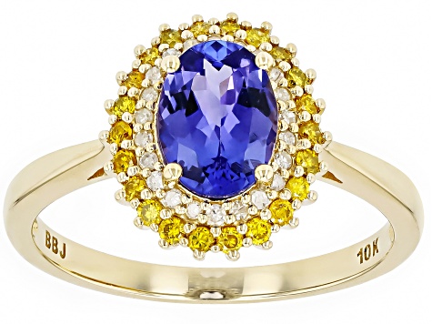 Tanzanite With Yellow Diamond And White Diamond 10k Yellow Gold Ring 1.43ctw