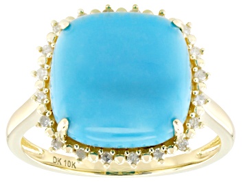 Picture of Sleeping Beauty Turquoise With White Diamond 10k Yellow Gold Ring 0.90ctw