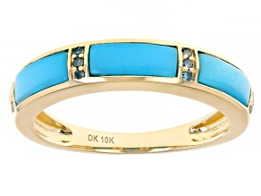 Blue Sleeping Beauty Turquoise With Blue Diamond 10k Yellow Gold Ring 0.08ctw