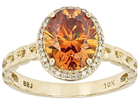 Cognac Strontium Titanate With White Diamond 10k Yellow Gold Halo Ring 3.45ctw