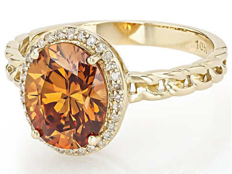 Cognac Strontium Titanate With White Diamond 10k Yellow Gold Halo Ring 3.45ctw