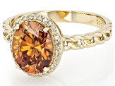 Cognac Strontium Titanate With White Diamond 10k Yellow Gold Halo Ring 3.45ctw