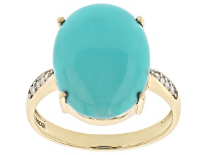 Blue Sleeping Beauty Turquoise With White Diamond 10k Yellow Gold Ring 0.06ctw