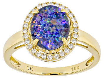 White Ethiopian Opal With White Diamond 10k Yellow Gold Ring 1.39ctw