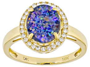 Australian Opal Triplet With White Diamond 10k Yellow Gold Ring 0.21ctw