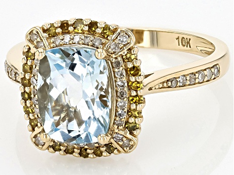 Aquamarine With Yellow And White Diamond 10k Yellow Gold Ring