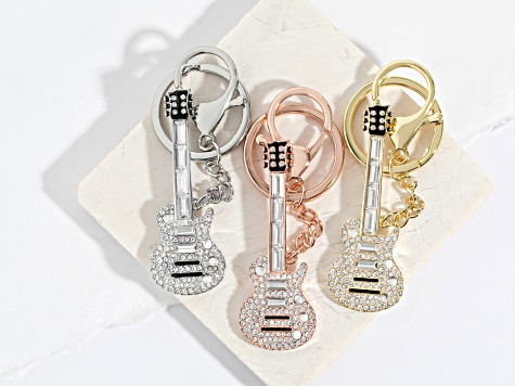 Back the Beat™ White Crystal, Gold Tone Electric Guitar Key Chain