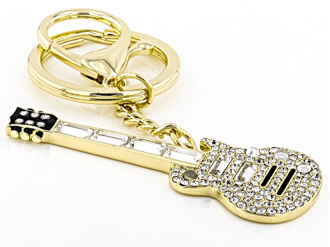 Back the Beat™ White Crystal, Gold Tone Electric Guitar Key Chain