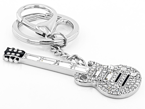 Back the Beat™ White Crystal, Silver Tone Electric Guitar Key Chain