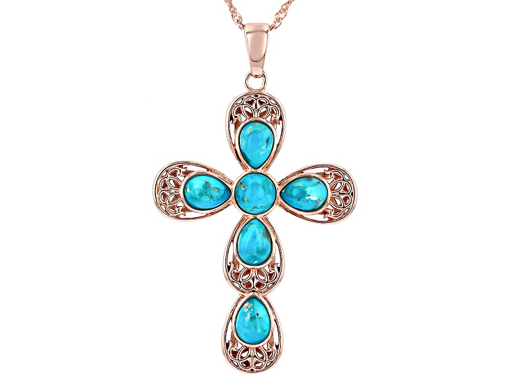 Blue Turquoise Copper Cross Pendant With Chain 7x5mm