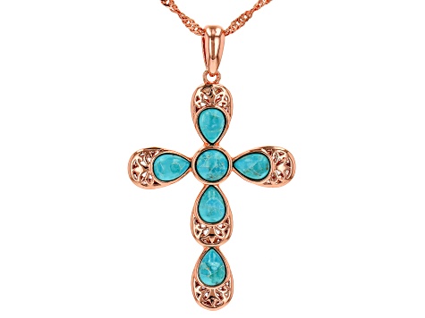 Blue Turquoise Copper Cross Pendant With Chain