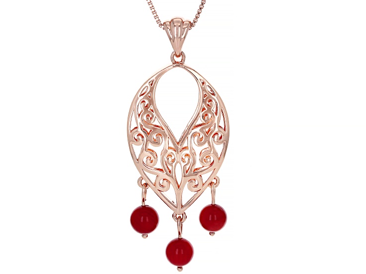 Red Sponge Coral Beaded Copper Filigree Pendant With Chain