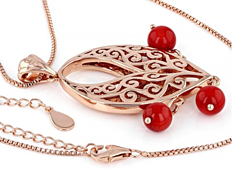 Red Sponge Coral Beaded Copper Filigree Pendant With Chain