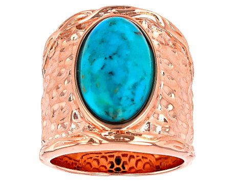 Blue Turquoise Hammered Copper Ring 16x10mm..