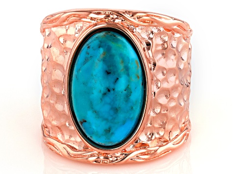 Blue Turquoise Hammered Copper Ring 16x10mm..