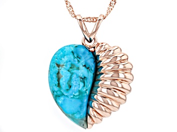 Picture of Blue Turquoise Copper Heart Pendant With Chain 25x14mm
