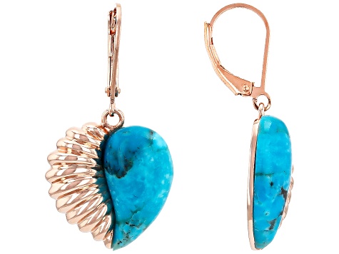 Blue Turquoise Copper Heart Earrings 18x11mm