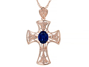 Blue Lab Created Spinel Copper Cross Pendant With 18" Singapore Chain 3.10ct