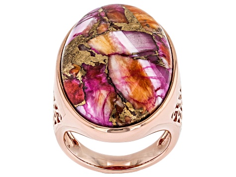 Pink & Orange Spiny Oyster Shell Copper Solitaire Ring 30x18mm