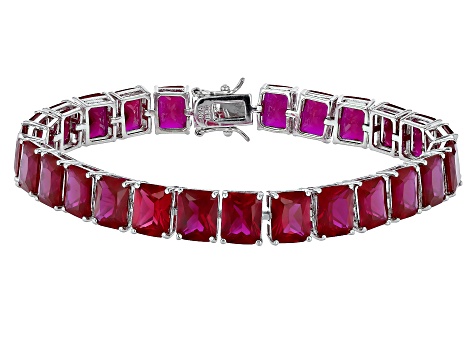 Red Lab Created Ruby Rhodium Over Sterling Silver Tennis Bracelet 49.66ctw