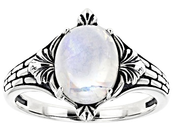 Picture of 10x8mm Oval Cabochon Rainbow Moonstone Sterling Silver Solitaire Ring