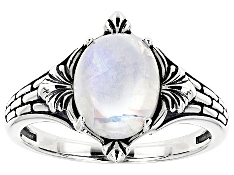 10x8mm Oval Cabochon Rainbow Moonstone Sterling Silver Solitaire Ring
