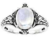 10x8mm Oval Cabochon Rainbow Moonstone Sterling Silver Solitaire Ring
