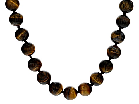 Brown Tiger Eye Rhodium Over Sterling Silver Bead Necklace